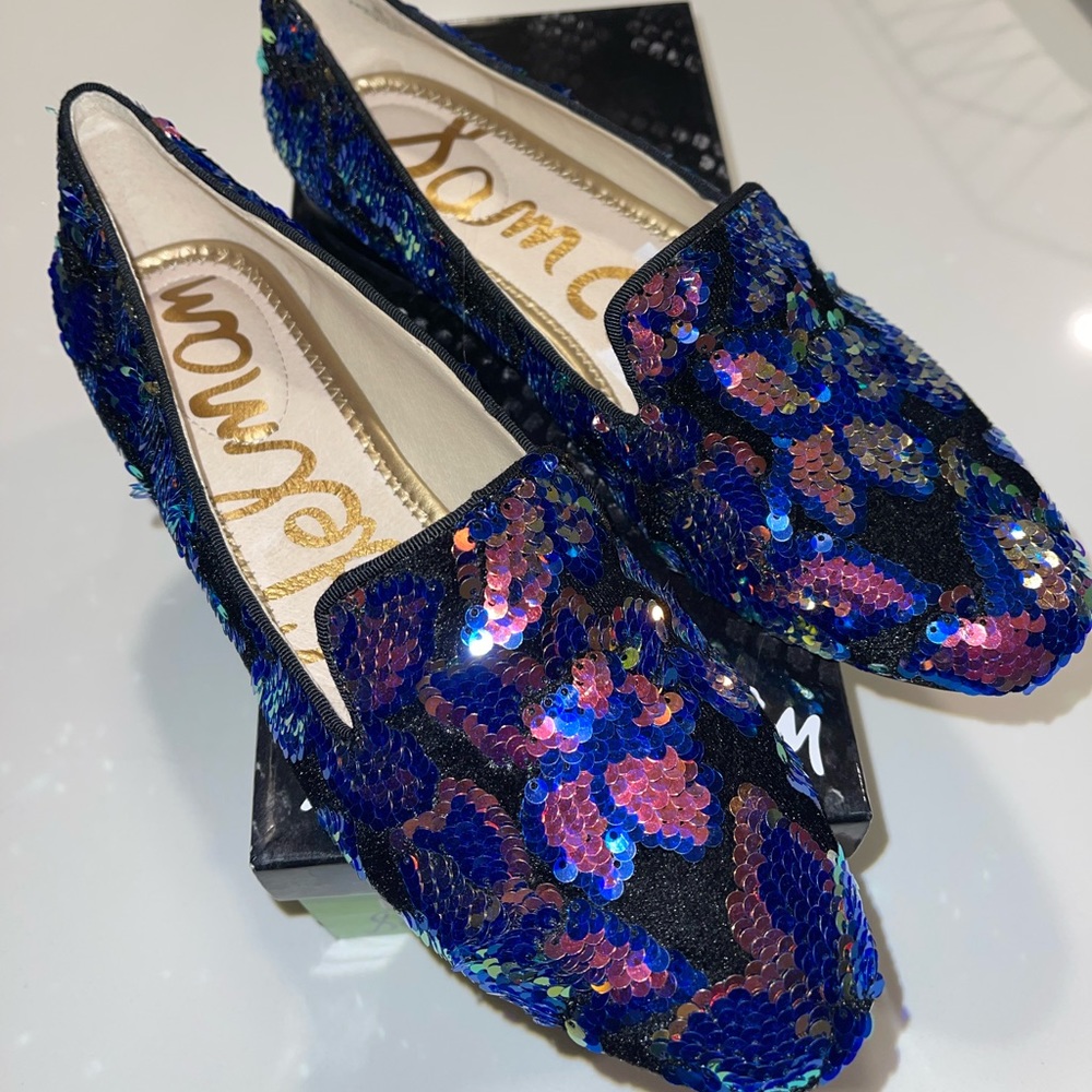 Sam Edelman Jordy Loafer Black Velvet Mermaid Reversible Sequin Size 9 M